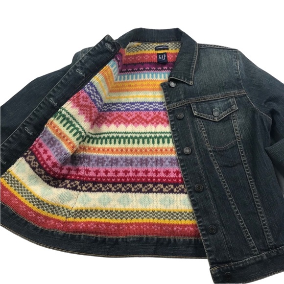 Vintage GAP Jean Jacket Fair Isle Wool Sweater Lining - Picture 2 of 10